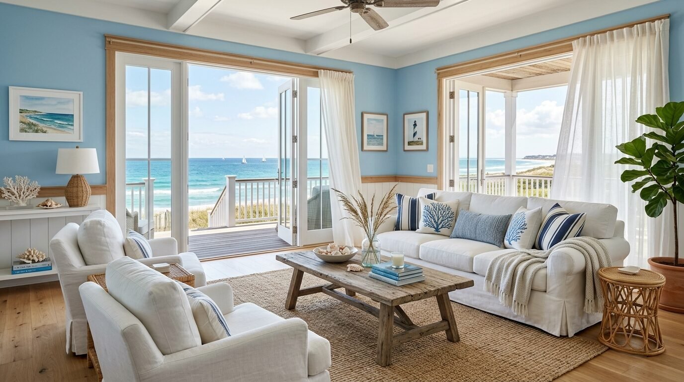 A sunlit beach house living room with white sofas, rustic wood coffee table, and open doors leading to the ocean.