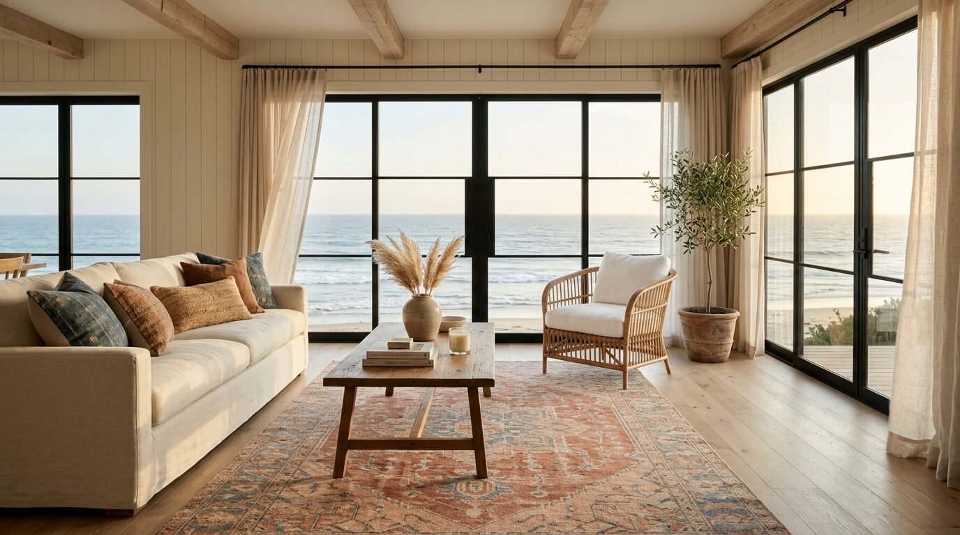 Modern living room with a beige sofa, rattan chair, and vintage rug overlooking the beach through black framed windows.