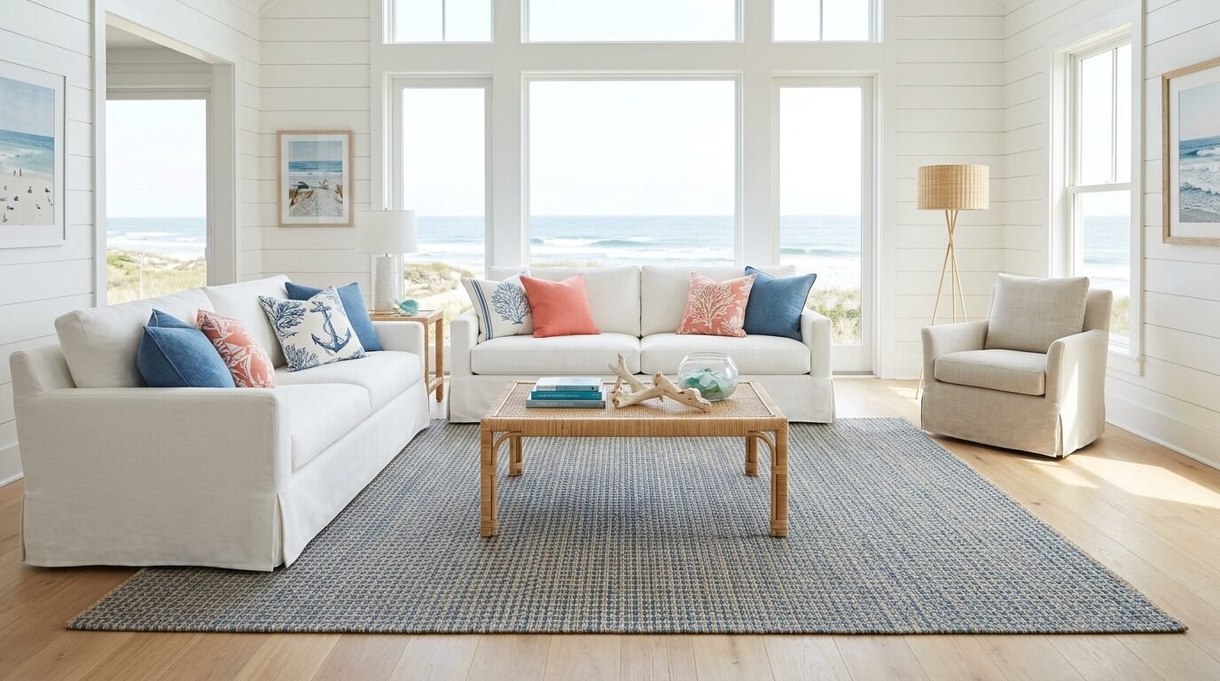 A airy beach house living room featuring white slipcovered sofas, woven coffee table, and blue patterned rug.
