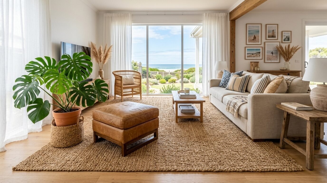 A sunlit coastal living room featuring a tan leather ottoman, cream sofa, and a large monstera plant by a glass door.