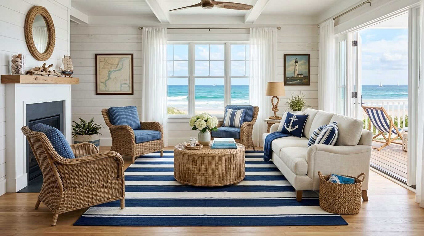 A sunlit beach house living room with rattan chairs, striped rug, and a wide view of the blue ocean.
