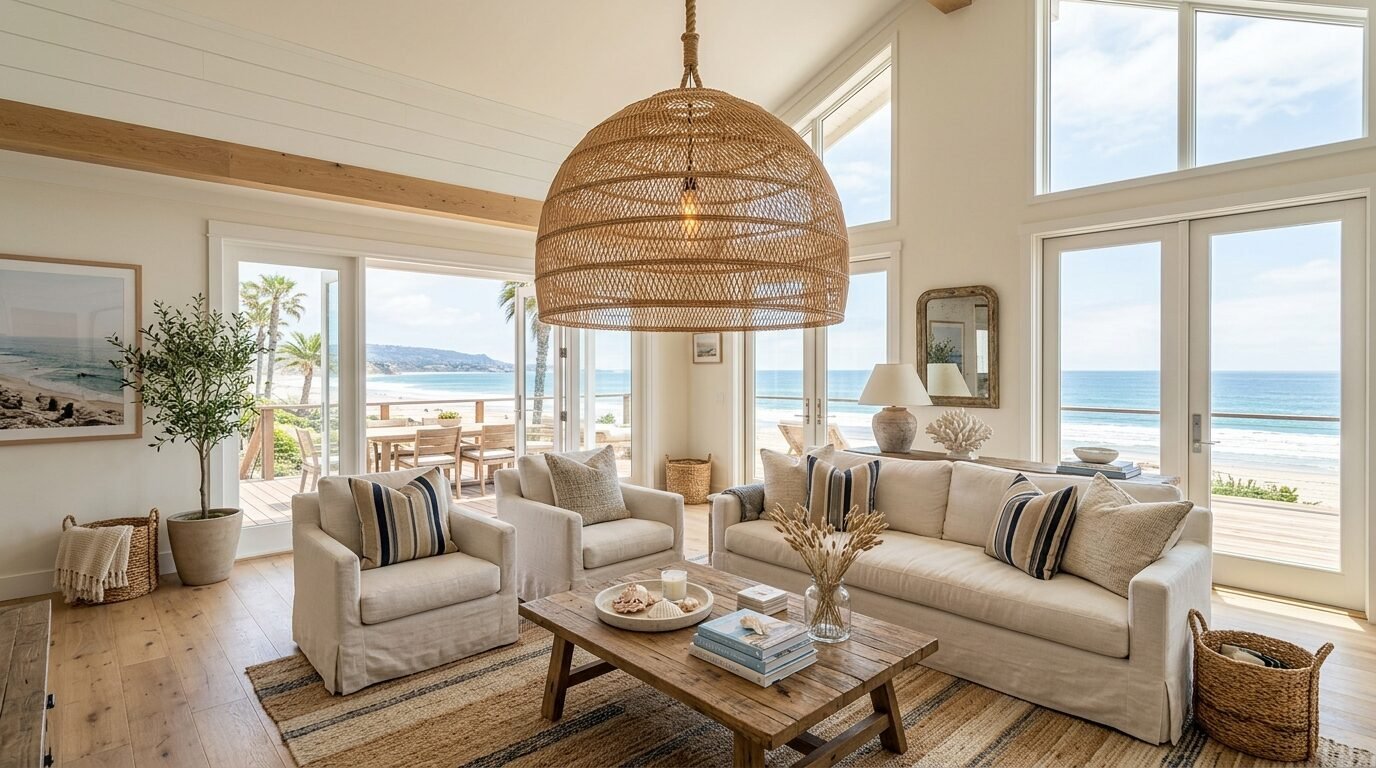 A bright beach house living room featuring a large wicker dome light fixture and wide windows looking out to the ocean.