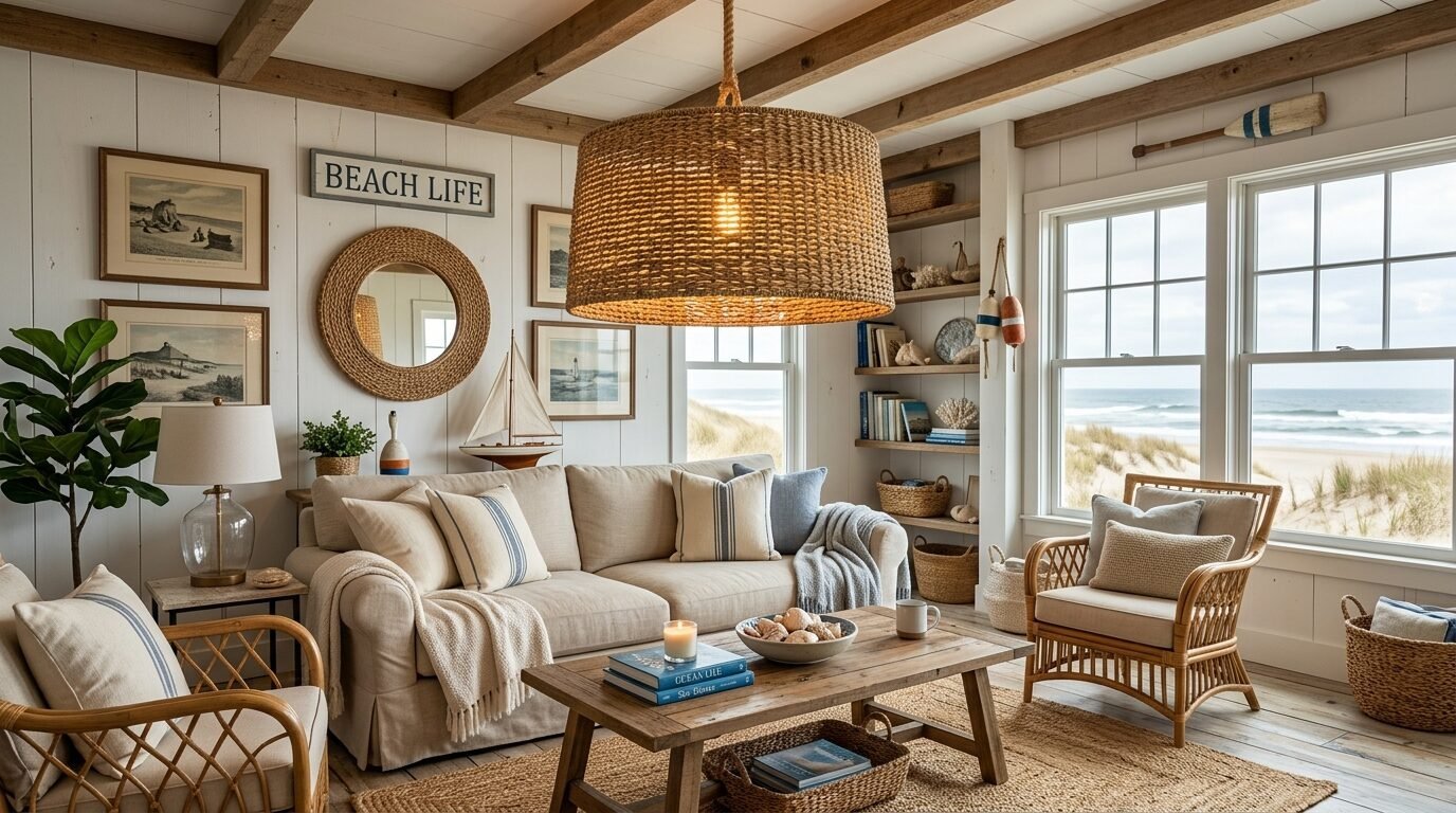 A beach-themed living room with a beige sofa, rattan chairs, and large windows looking out to the ocean.