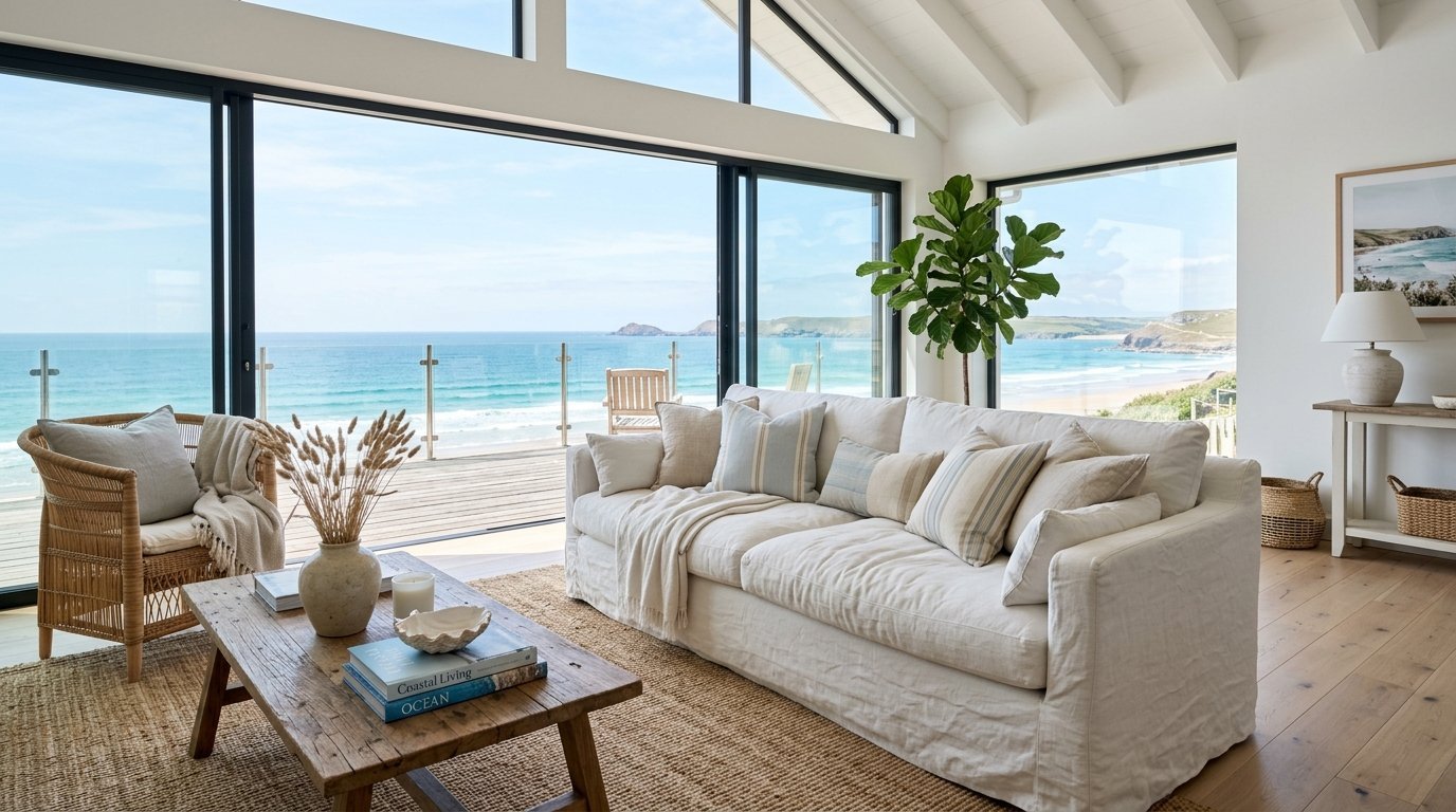 A sunlit living room with a white sofa, wooden coffee table, and large sliding doors overlooking a sandy beach.