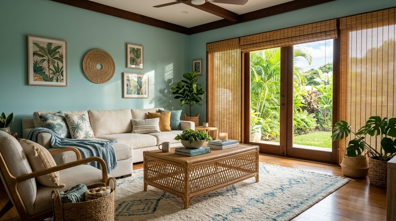 A sunlit living room featuring a cream sectional, rattan coffee table, and bamboo shades overlooking a garden.