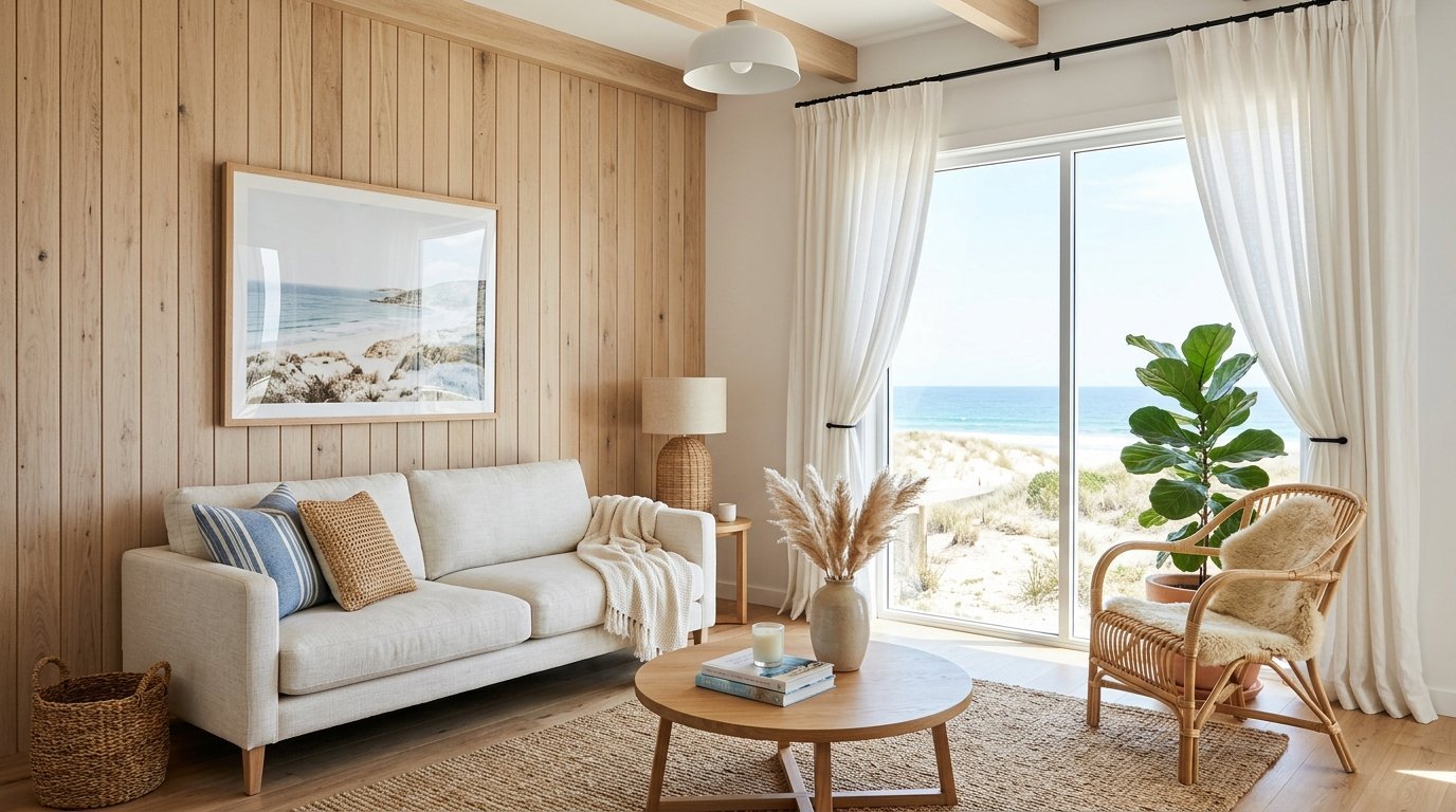 A sunlit lounge with a cream sofa, rattan accents, and a large window overlooking the beach and dunes.
