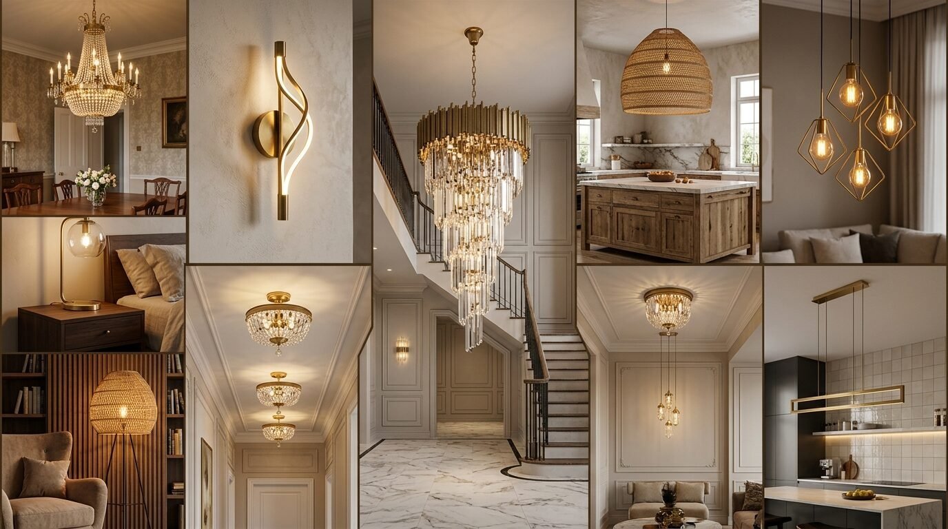 A collage of various chandeliers, pendant lights, and wall sconces installed in elegant residential home interiors.