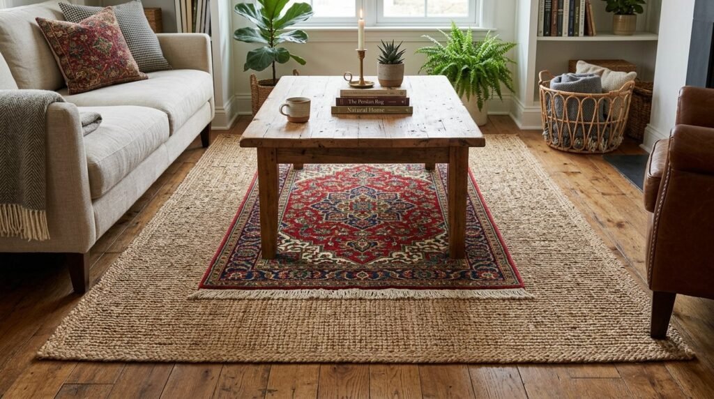A close-up view of a vibrant, multi-colored area rug featuring intricate patterns in a well-lit modern living space.