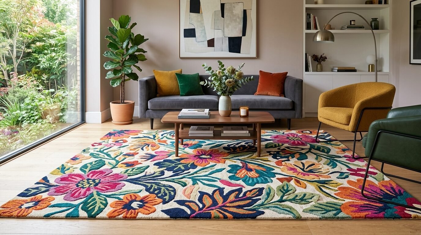 Large rug with bold, multicolored floral patterns placed on a light wood floor in a contemporary styled room.
