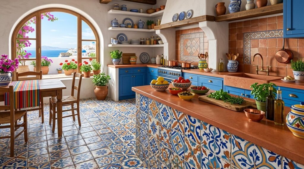 Close up of colorful patterned cement tiles with a geometric design in a bright room.