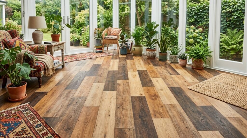 A beautiful sunroom featuring a bright, colorful patterned floor bathed in natural light.