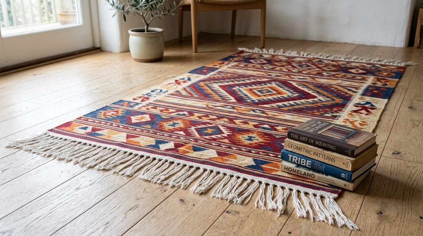 A patterned textile rug with tassels lies on wooden floorboards beside a small stack of hardcover books.