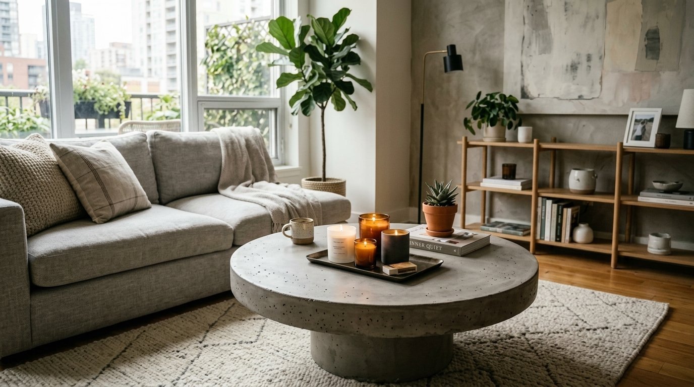 Round concrete coffee table holding candles and a succulent in a sunlit apartment with a grey sofa.