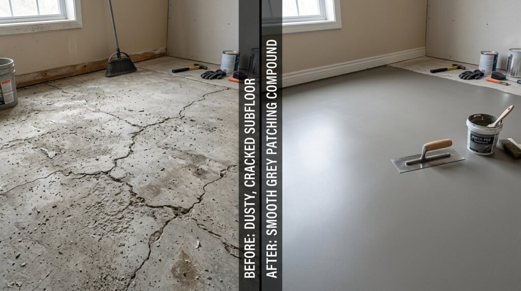 Close up comparison of different concrete subfloor materials side by side on a construction site.