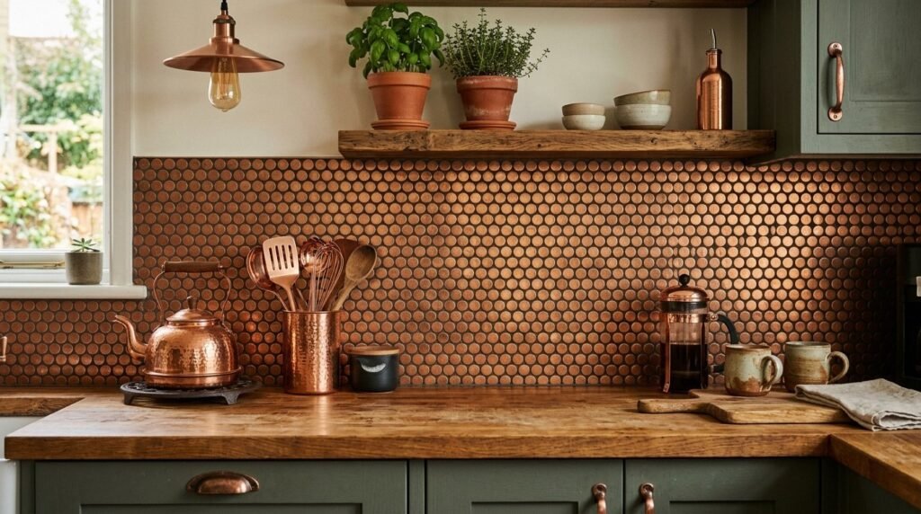 Close up view of reflective copper penny round tiles used in modern interior design.