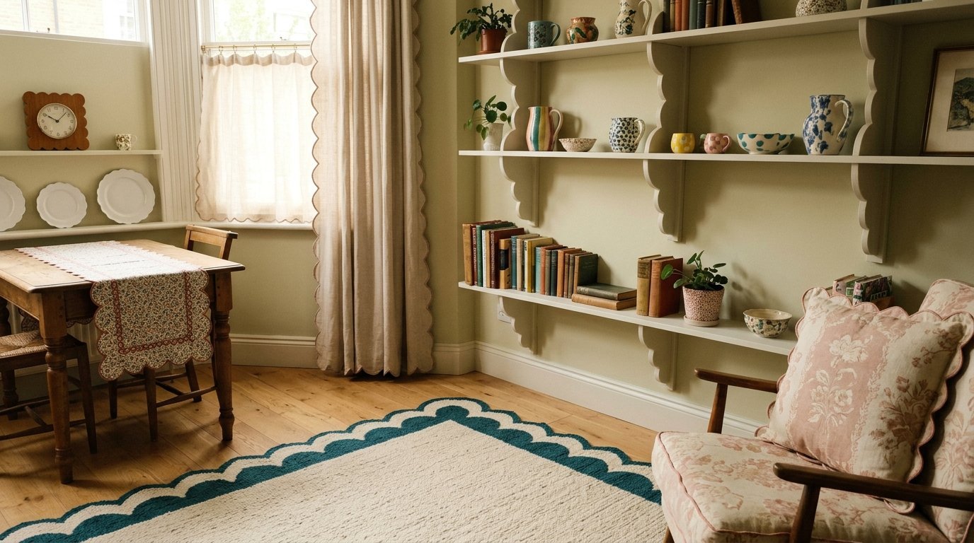 Vintage wooden table, floral armchair, and open wall shelving filled with books and colorful ceramic pottery.