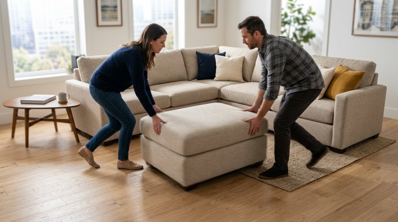 A man and woman working together to position a rectangular fabric footrest in front of a sectional sofa.