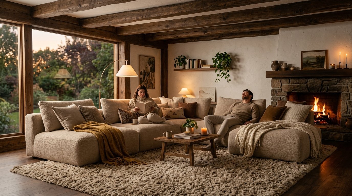 Woman reading a book and man resting on a large cream sectional sofa in a rustic living room with a fireplace.