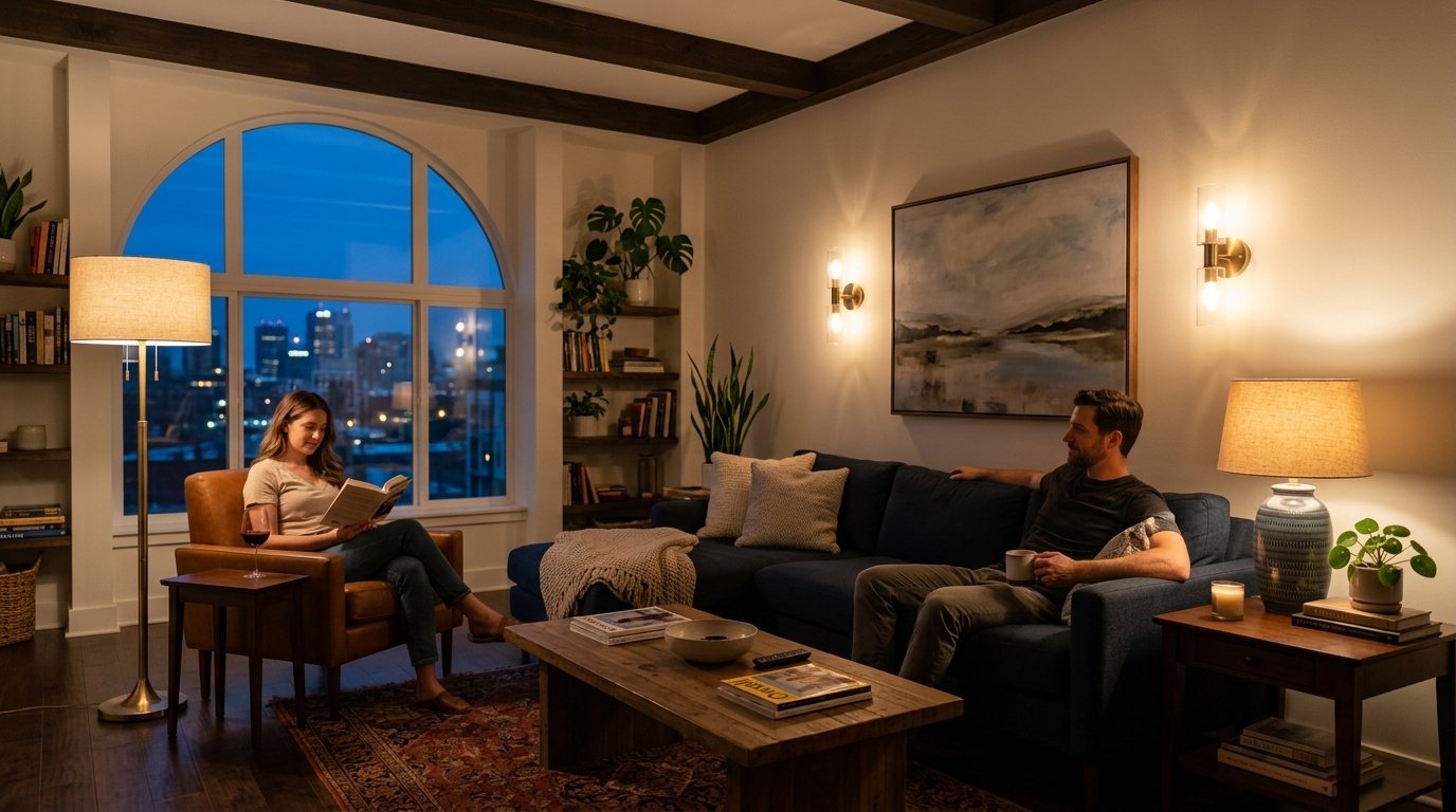 A woman reading in a leather chair and a man drinking coffee on a blue sofa in a dimly lit living room.