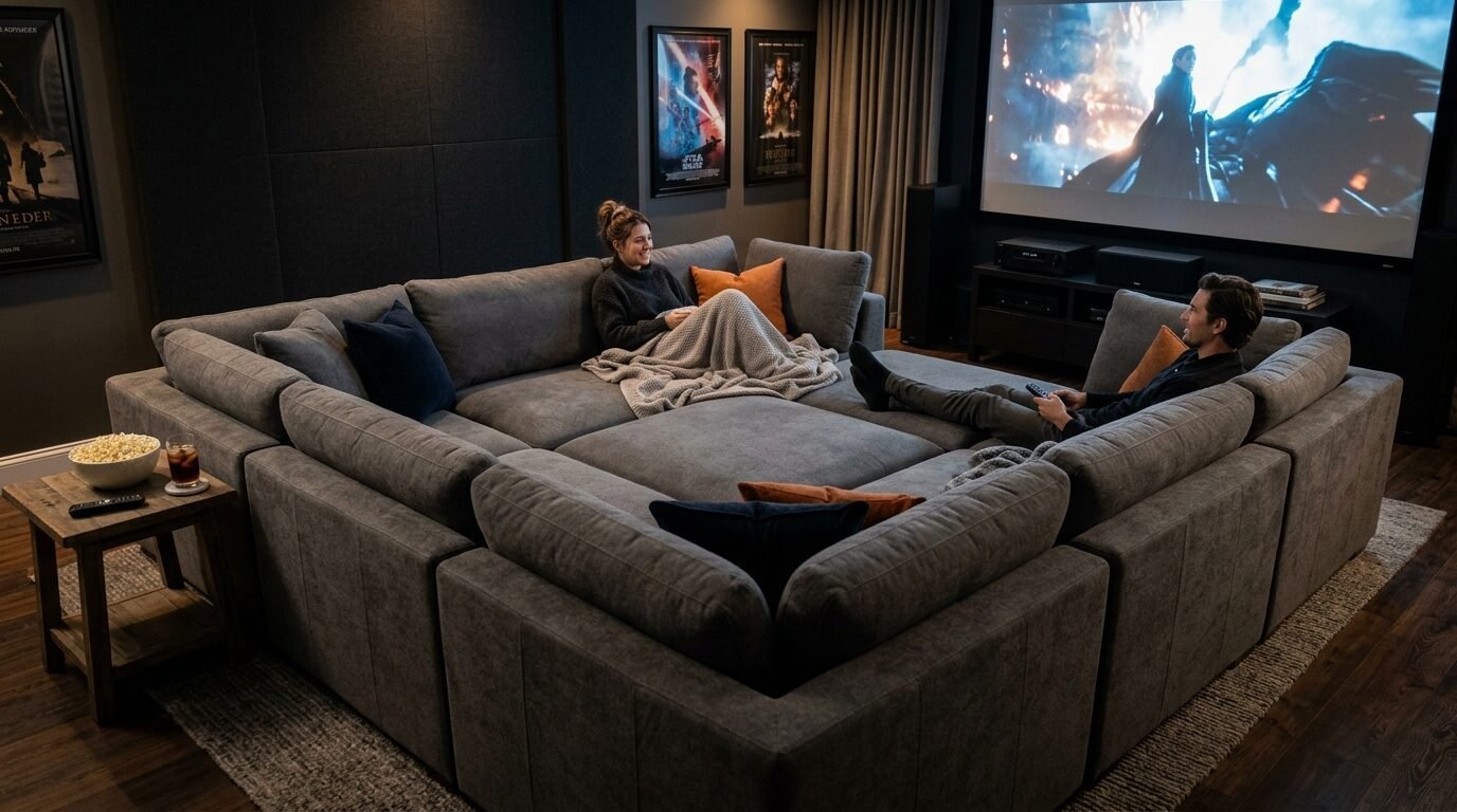 Man and woman sitting on a large U-shaped grey sectional sofa in a dimly lit home cinema room.