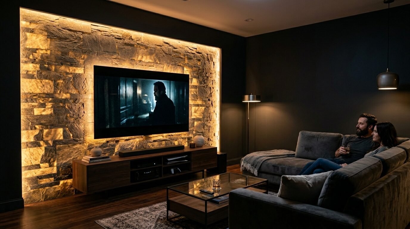 Man and woman sitting on a gray sofa watching a movie on a screen mounted against a lit stone accent wall.