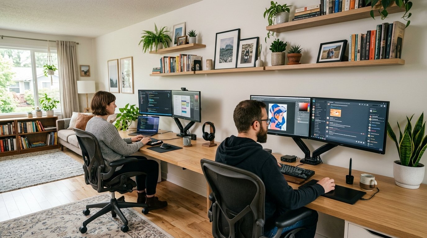 Man and woman sitting at a long wooden desk with multiple computer monitors in a cozy living room workspace.