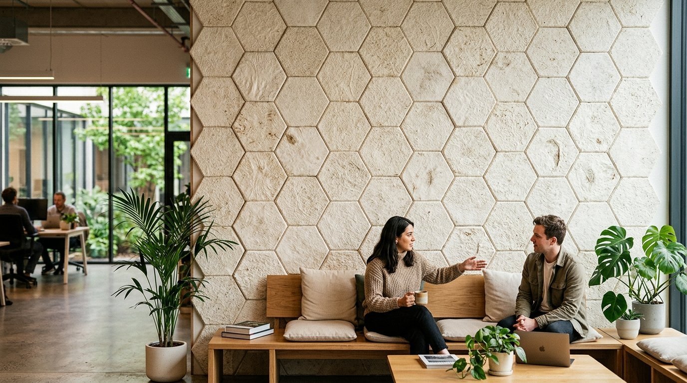 A woman and man sitting on a wooden bench in front of a textured stone hexagon wall while talking.