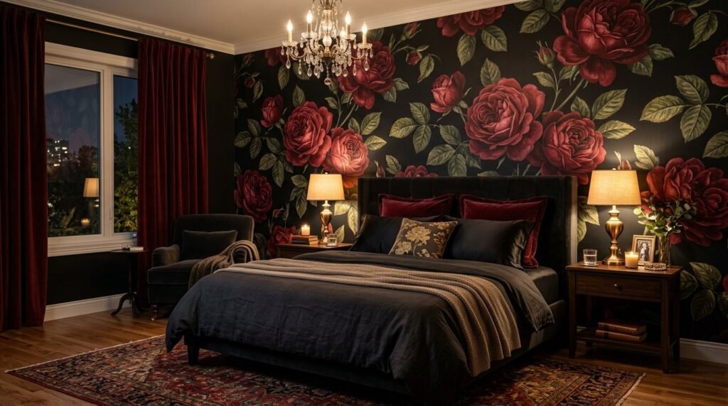 A beautifully styled bedroom interior featuring soft floral patterned bedding and elegant floral room accents.