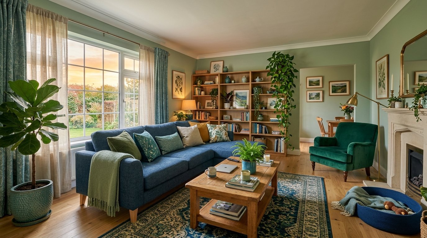 A sunlit living room featuring a blue sectional couch, wooden coffee table, and multiple indoor houseplants.