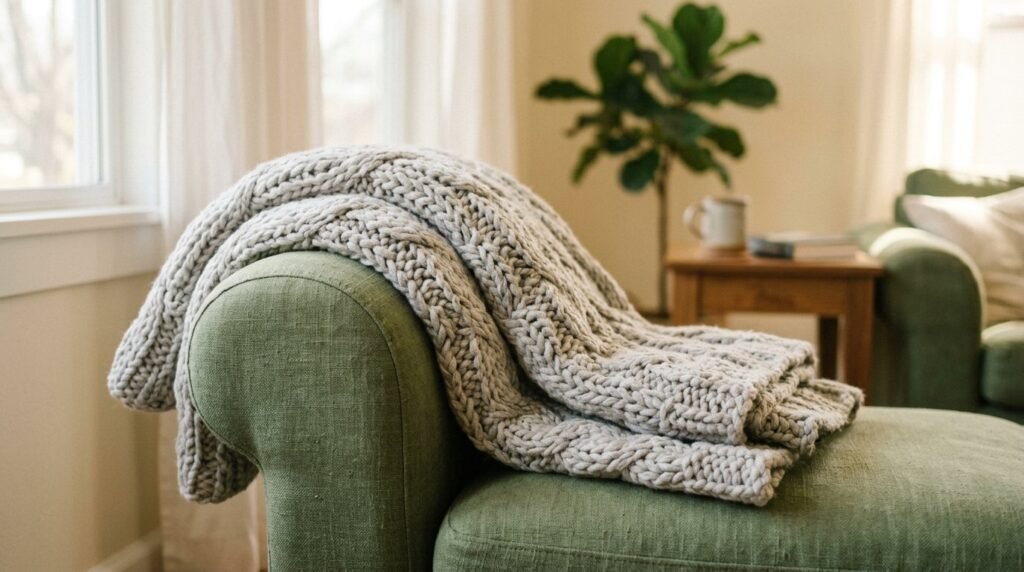A soft chunky knit blanket folded neatly on a wooden chair in a cozy living room setting.