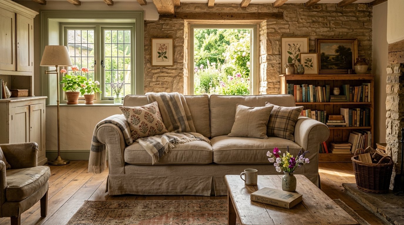 Rustic living room with exposed stone walls, a beige sofa, wooden bookshelf, and windows looking out to a garden.