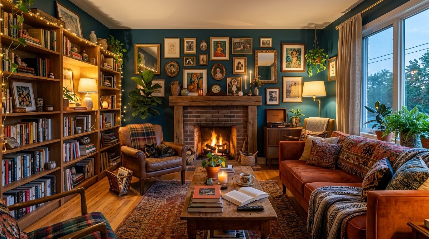 Cozy living room with dark teal walls, a brick fireplace, leather armchair, and a sofa filled with patterned textiles.