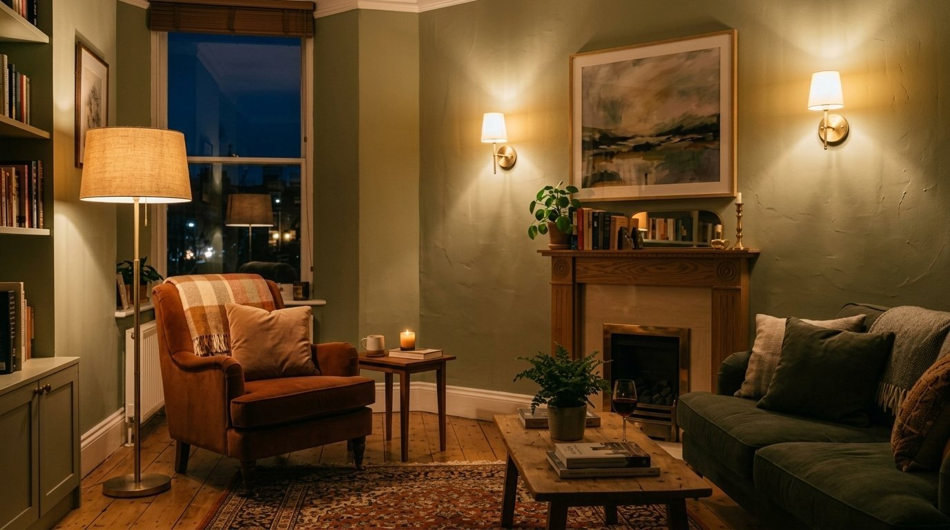 Evening interior of a cozy living room featuring green walls, a velvet armchair, fireplace, and soft lamp lighting.