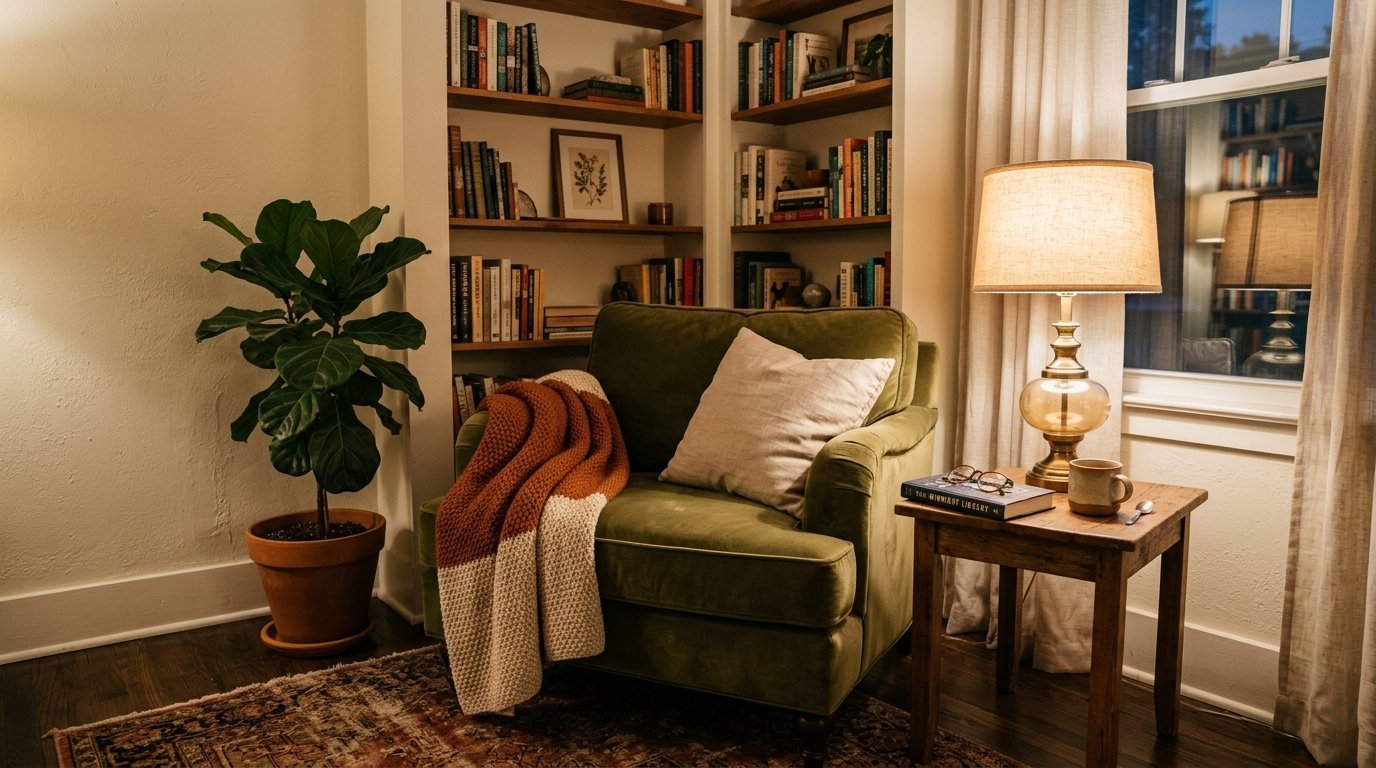 Plush olive green armchair with a knit throw blanket and accent pillow near a wooden side table and bookshelf.