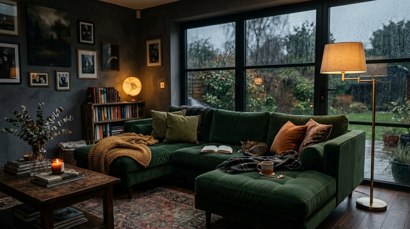 Cat napping on a velvet sectional sofa in a dark, atmospheric living room during a rainstorm.