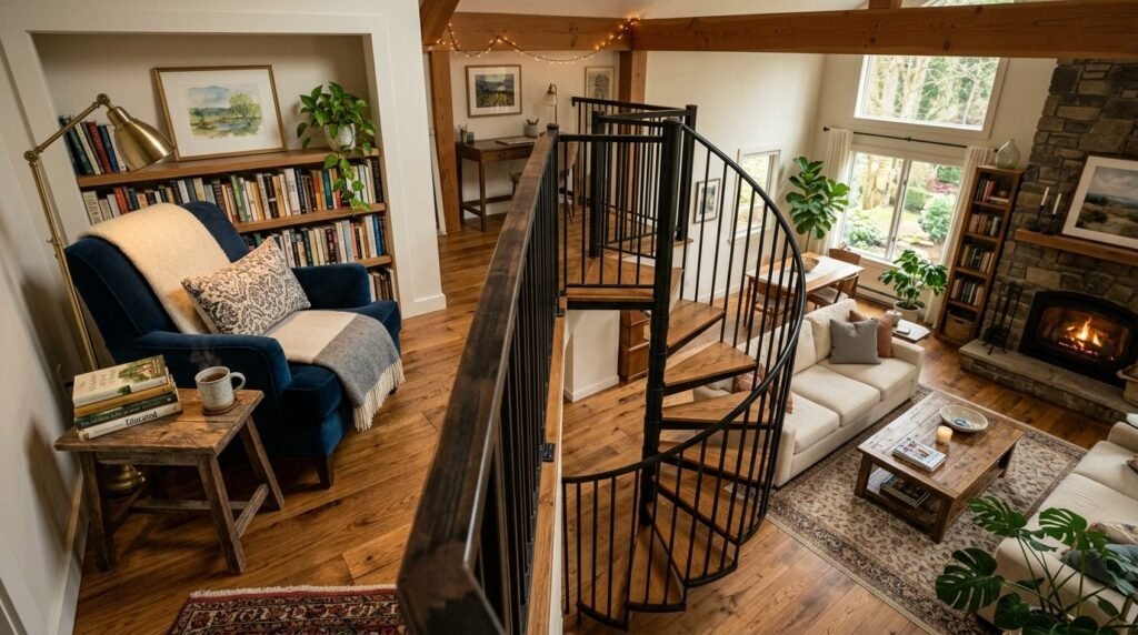 A warm and inviting guest loft space featuring comfortable seating and modern decor.