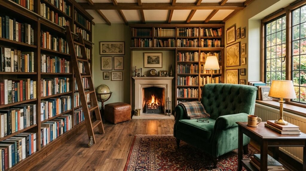A tranquil and cozy home library featuring floor-to-ceiling bookshelves and a comfortable reading chair.