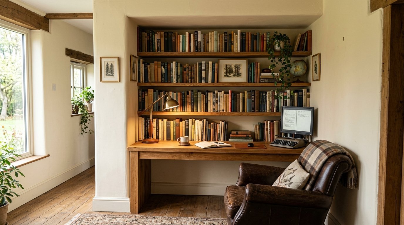 A wooden desk and built-in library shelves with a leather armchair in a rustic home office.