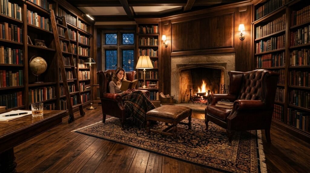 A warm and inviting cozy library room with shelves full of books.