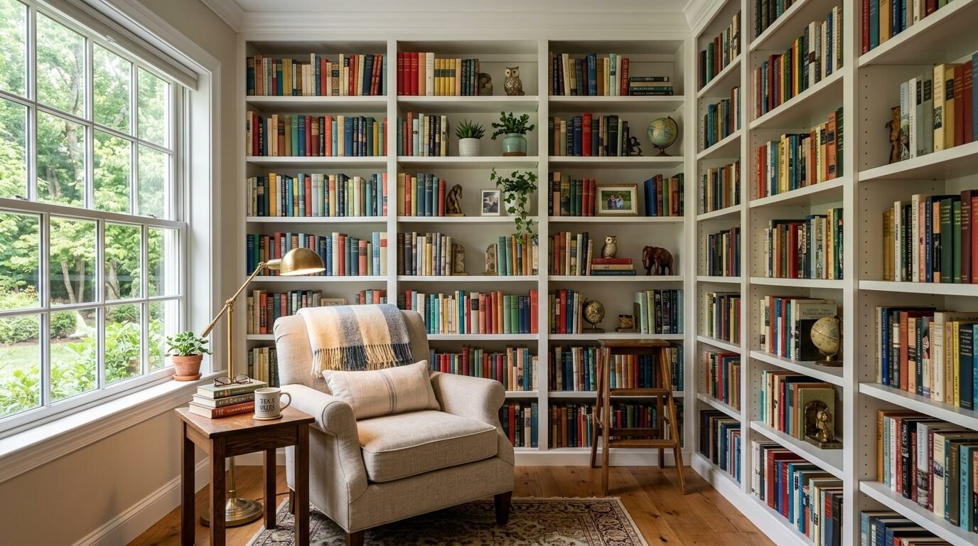 A comfortable reading chair sits before white floor-to-ceiling bookshelves filled with colorful books and decor.