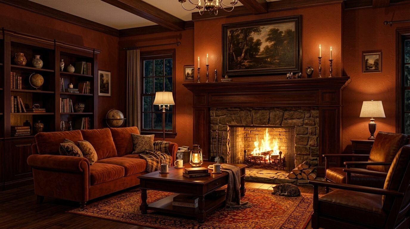 Rustic living room with a lit fireplace, velvet sofa, wooden coffee table, and a sleeping tabby cat on the rug.