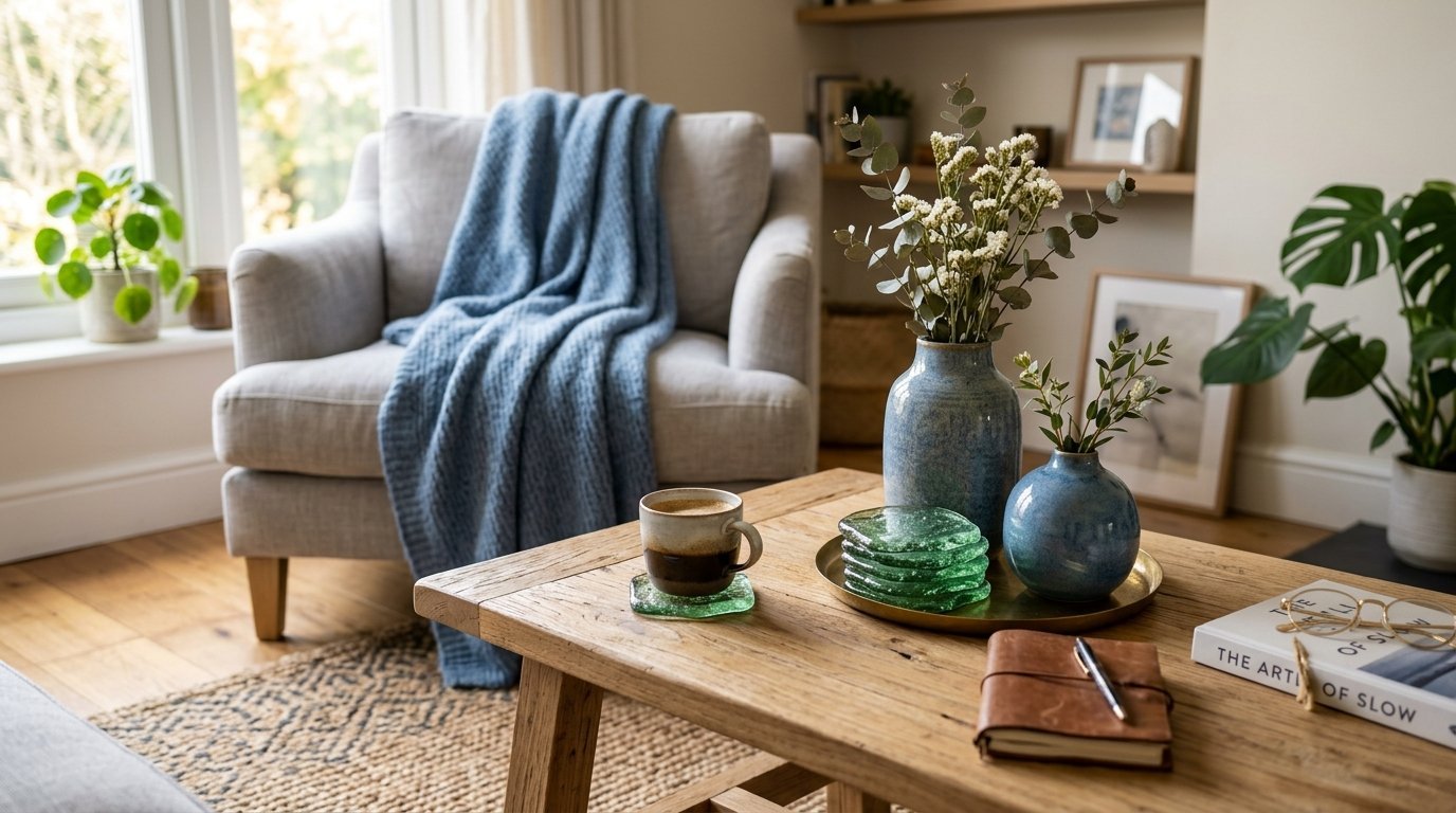 Bright living room with a grey armchair, blue throw, wooden coffee table, blue ceramic vases, and house plants.