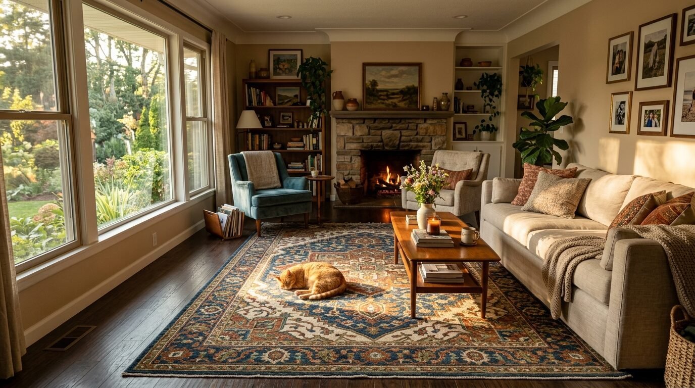 An orange cat curled up on a patterned area rug in a sun-drenched living room with a stone fireplace.