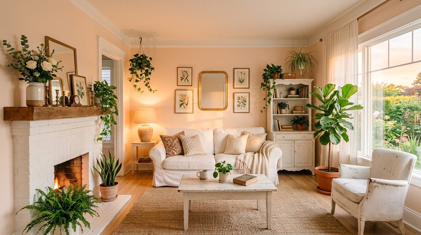 Bright living room with peach walls, white sofa, stone fireplace, and numerous indoor plants during golden hour.