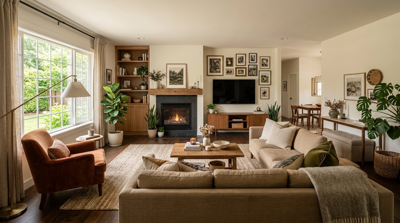 Bright living room featuring a fireplace, tan sectional sofa, rust-colored armchair, and various potted houseplants.