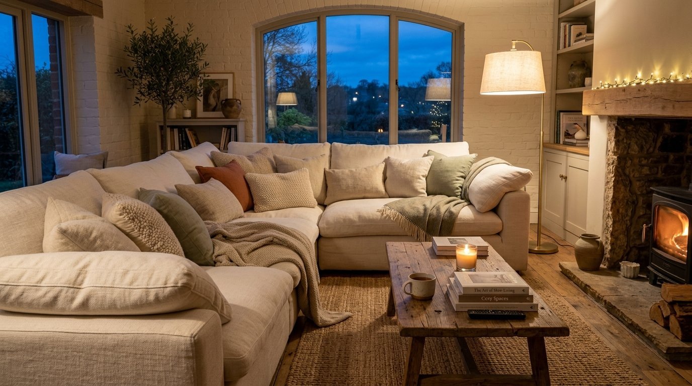 Large cream L-shaped sofa with neutral pillows facing a wood burning stove in a cozy living room.
