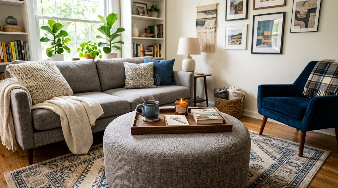 Round ottoman with coffee tray centered in a sunlit living room with grey sofa and blue accent chair.