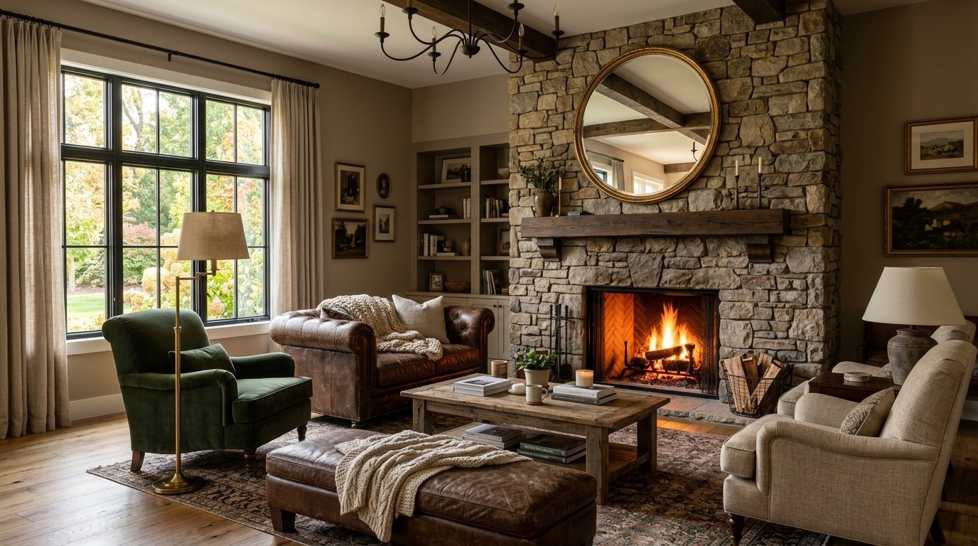 Traditional living room with a lit stone fireplace, round mirror, leather seating, and green velvet armchair.