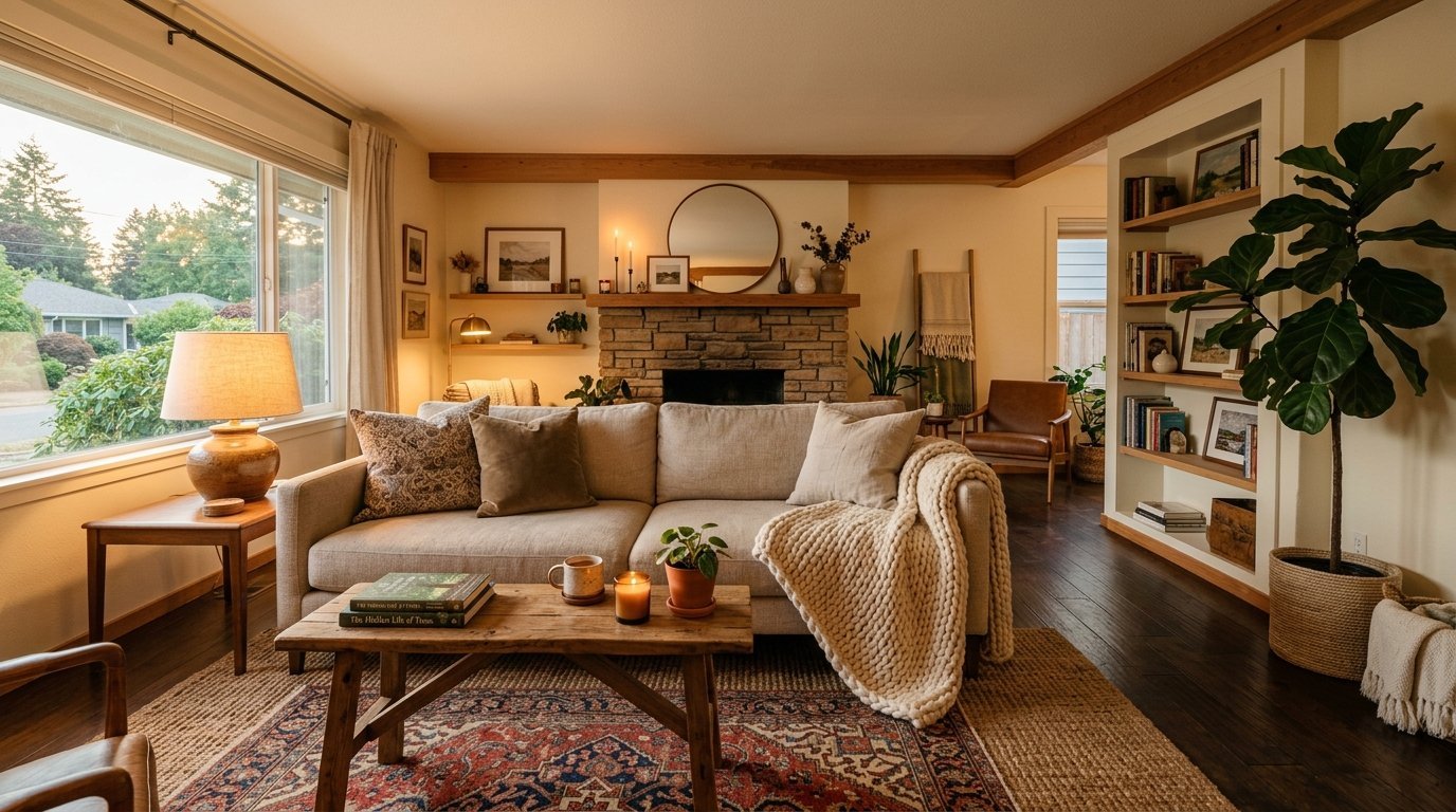 Modern living room featuring a neutral sofa, patterned rug, wooden coffee table, and a large fiddle leaf fig tree.