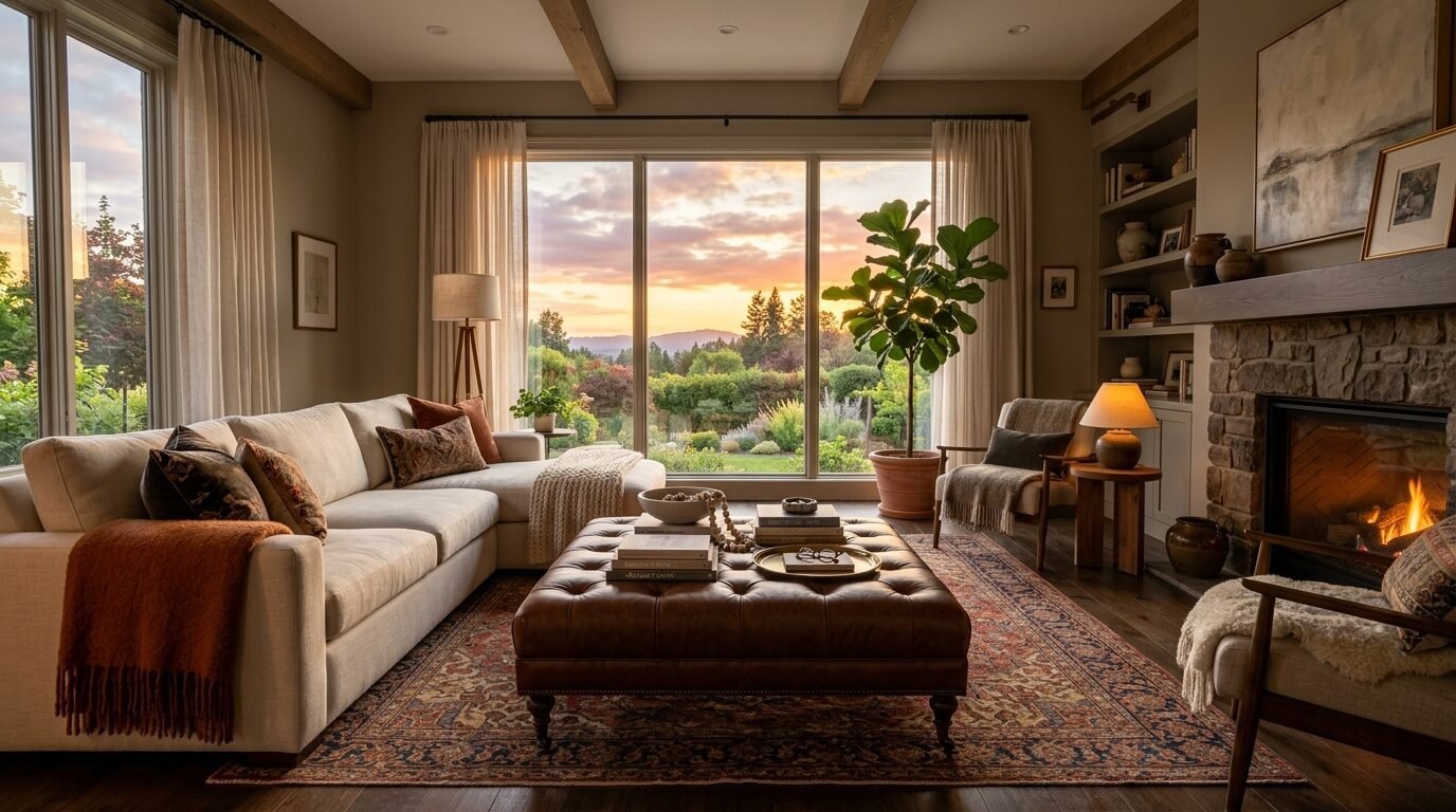 Tufted leather ottoman in a sunlit living room with a fireplace and large windows displaying a garden at sunset.